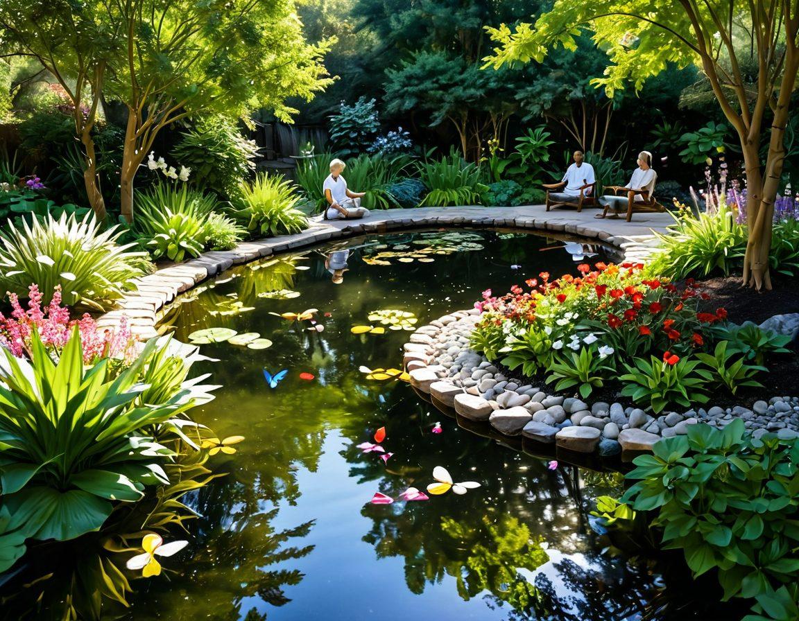 A serene landscape featuring a lush garden filled with blooming flowers and a tranquil pond, symbolizing emotional growth and inner peace. In the foreground, diverse individuals practicing meditation and mindfulness, connecting with nature, while soft sunlight filters through the trees, creating a warm, inviting atmosphere. Incorporate elements such as floating butterflies and gentle ripples in the water to evoke feelings of joy and fulfillment. vibrant colors. super-realistic.