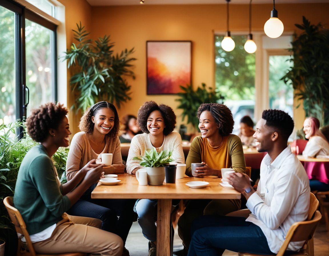 A warm and inviting depiction of a diverse group of people gathered in a cozy café, sharing laughter and deep conversations, with colorful plants and soft lighting enhancing the atmosphere. The scene captures a sense of community, support, and happiness, embodying the essence of connection and contentment. The background features subtle elements symbolizing growth and unity. vibrant colors. soft focus. cozy interior.