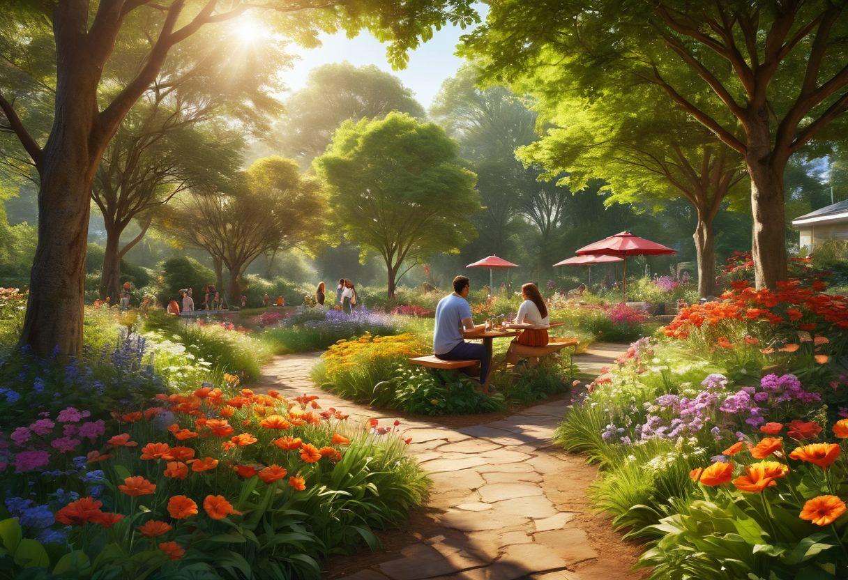 A serene landscape showcasing a diverse group of people joyfully engaging in community activities, surrounded by lush greenery and vibrant flowers, symbolizing emotional well-being. Sunlight filters through the trees, illuminating joyful expressions and interactions, emphasizing connection and fulfillment. Incorporate gentle, warm colors to evoke a sense of happiness and belonging. super-realistic. vibrant colors. natural setting.